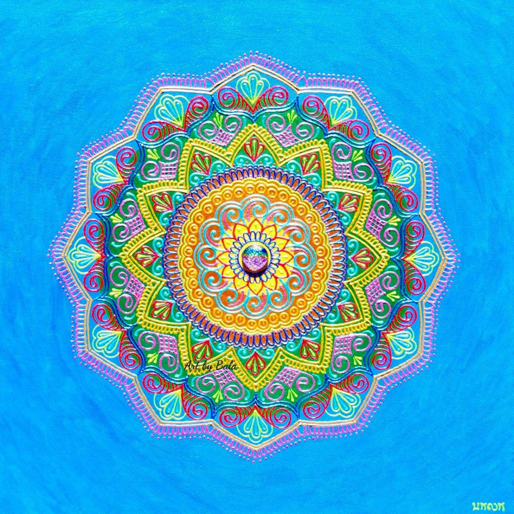 Reverence Mandala Painting by Bala - Intricate Gold and Blue Mandala Artwork
