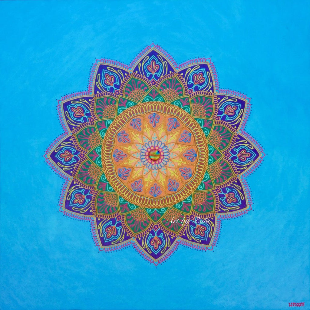 : Serendipity Mandala by Bala, vibrant acrylic mandala artwork symbolizing joyful discovery