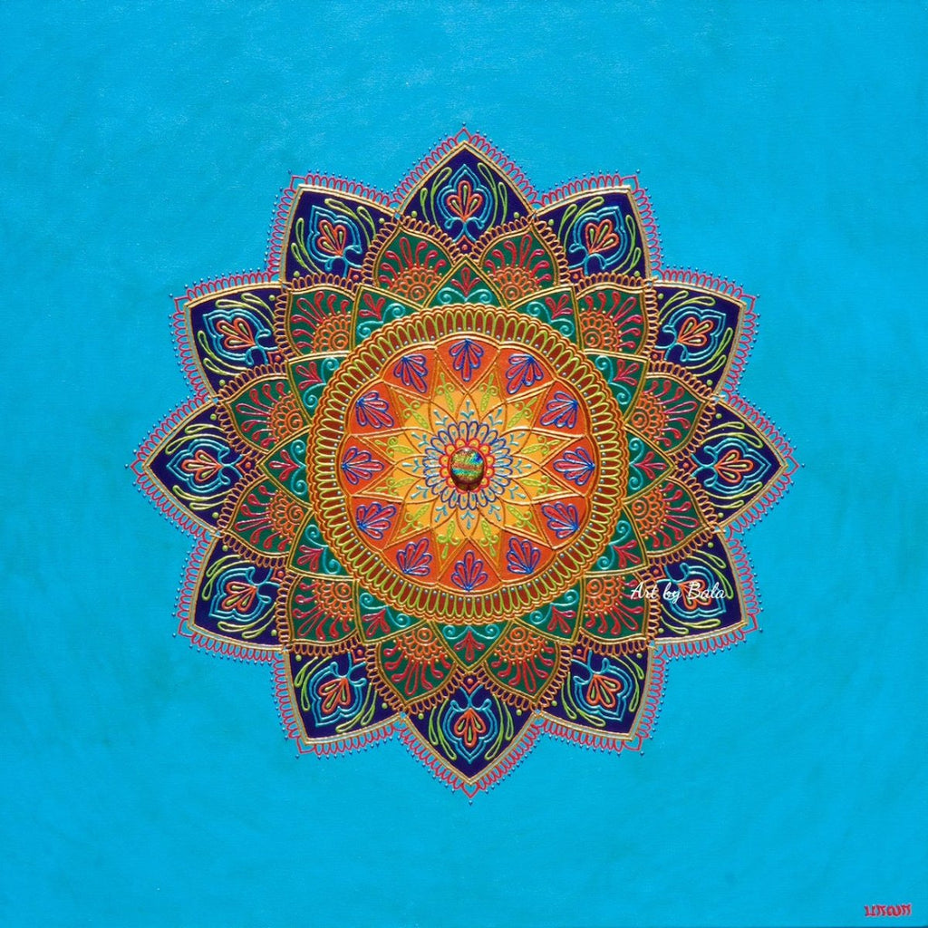 : Serendipity Mandala by Bala, vibrant acrylic mandala artwork symbolizing joyful discovery