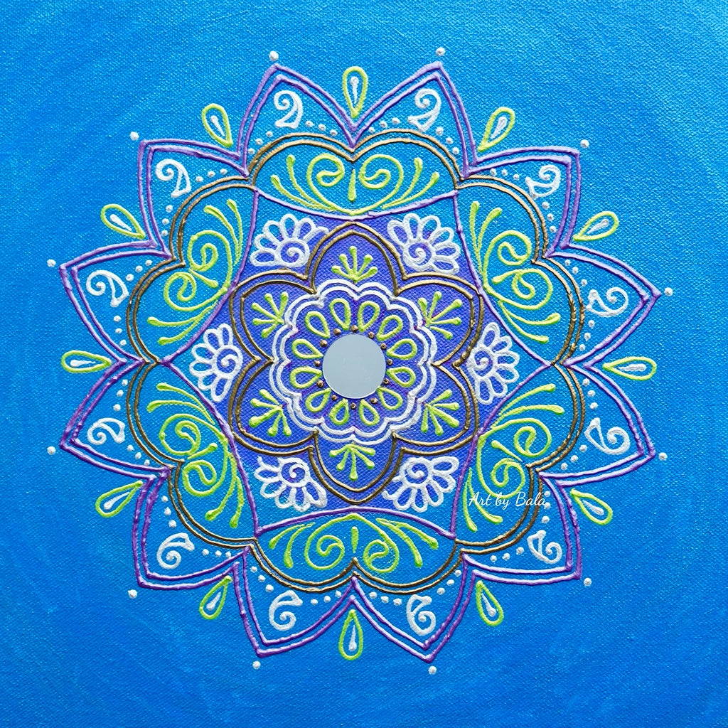 Celebration Mandala by Bala, vibrant acrylic mandala artwork symbolizing joy and festivities.