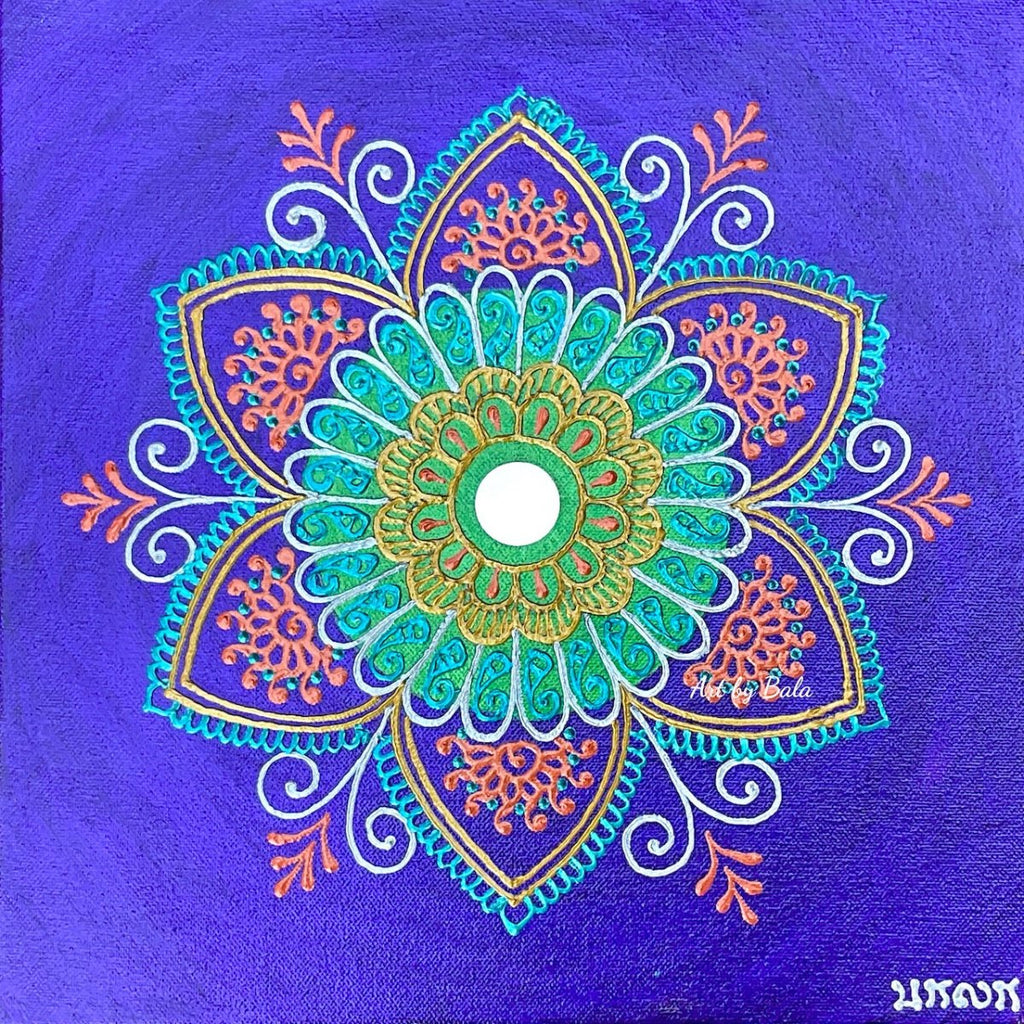 Celebration Mandala by Bala, vibrant acrylic mandala artwork symbolizing joy and festivities