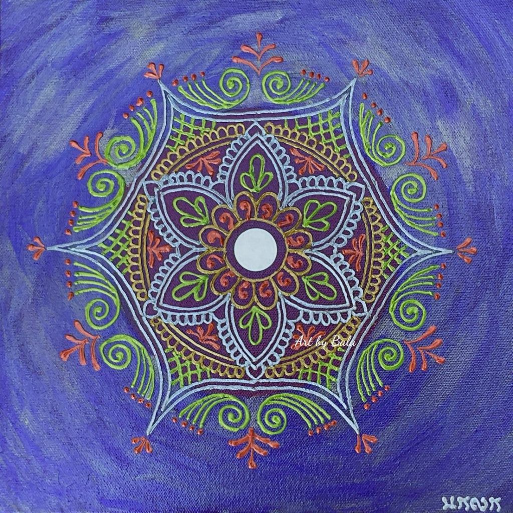 Celebration Mandala by Bala, vibrant acrylic mandala artwork symbolizing joy and festivities.