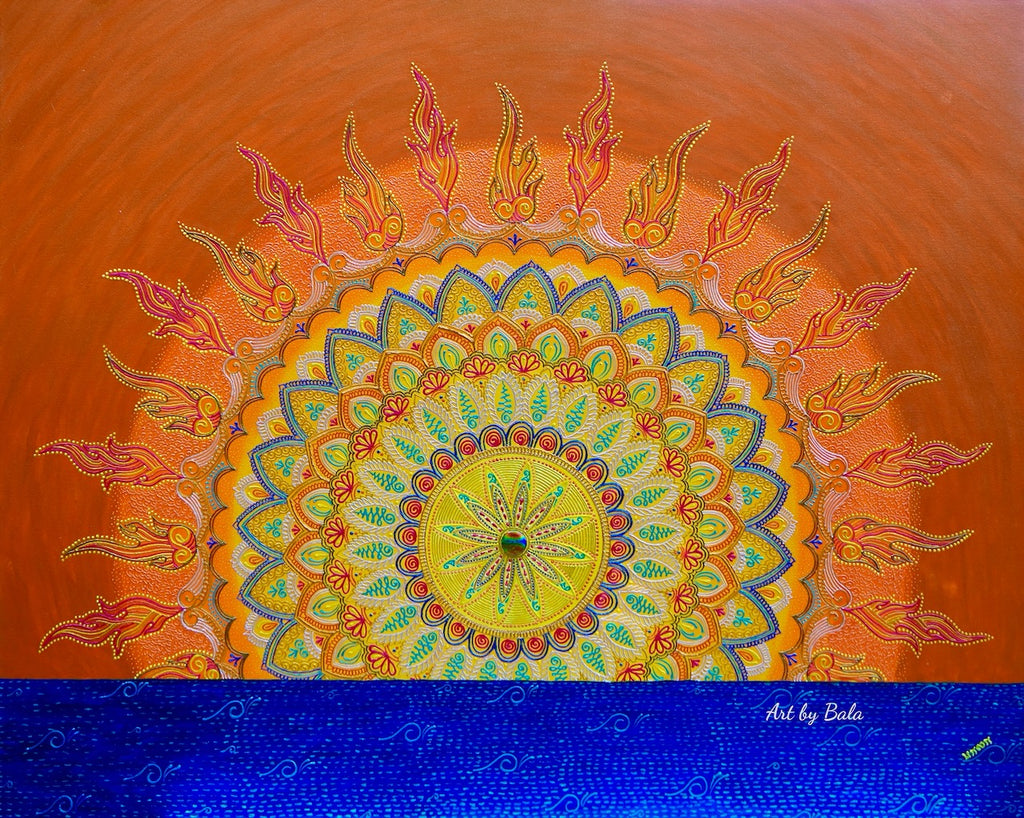 Morning Glow Mandala by Bala, soft acrylic mandala artwork symbolizing sunrise serenity.